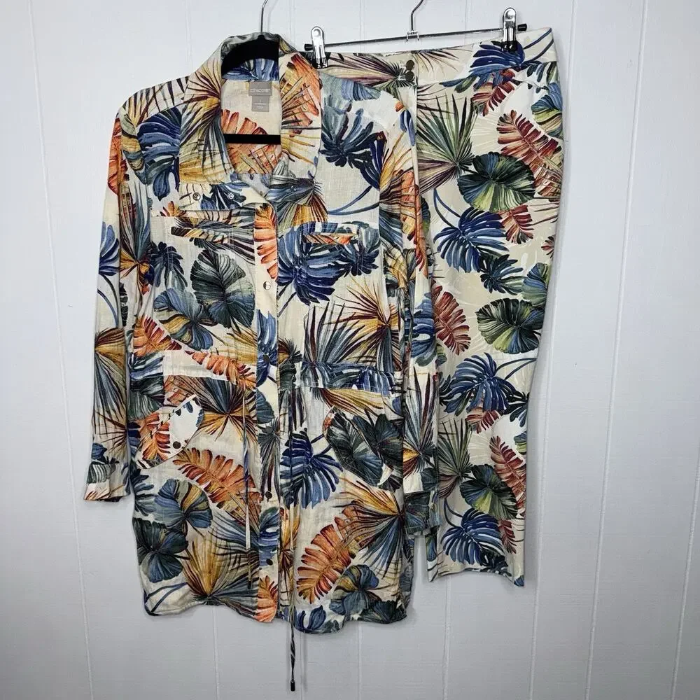 Chico's Tropical Leaf Print Pantsuit in Cream, Blue, Green, Orange